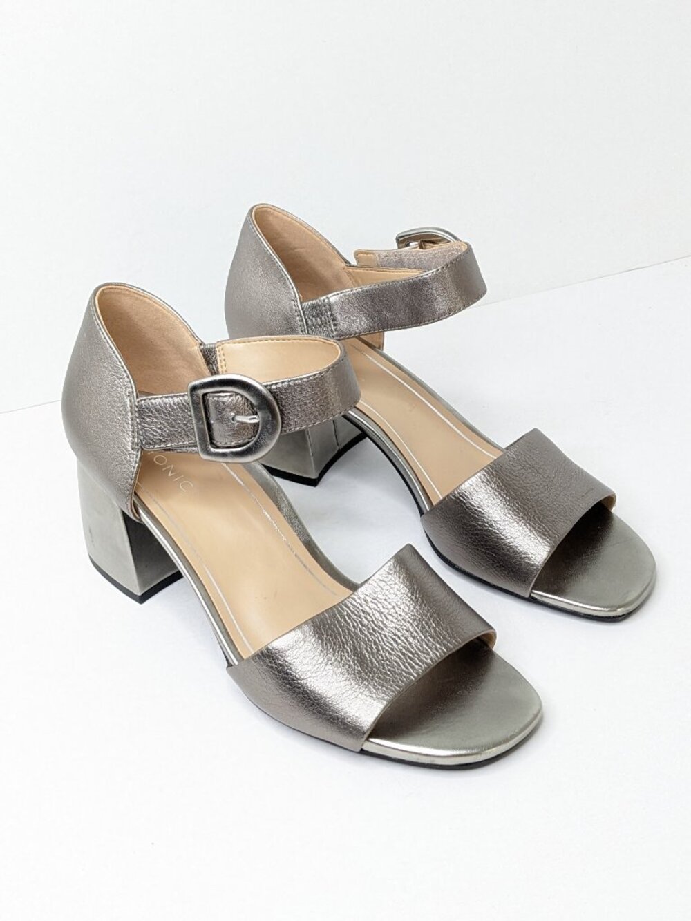 Vionic Chardonnay Block Heel Sandals Pewter Leather Womens 9